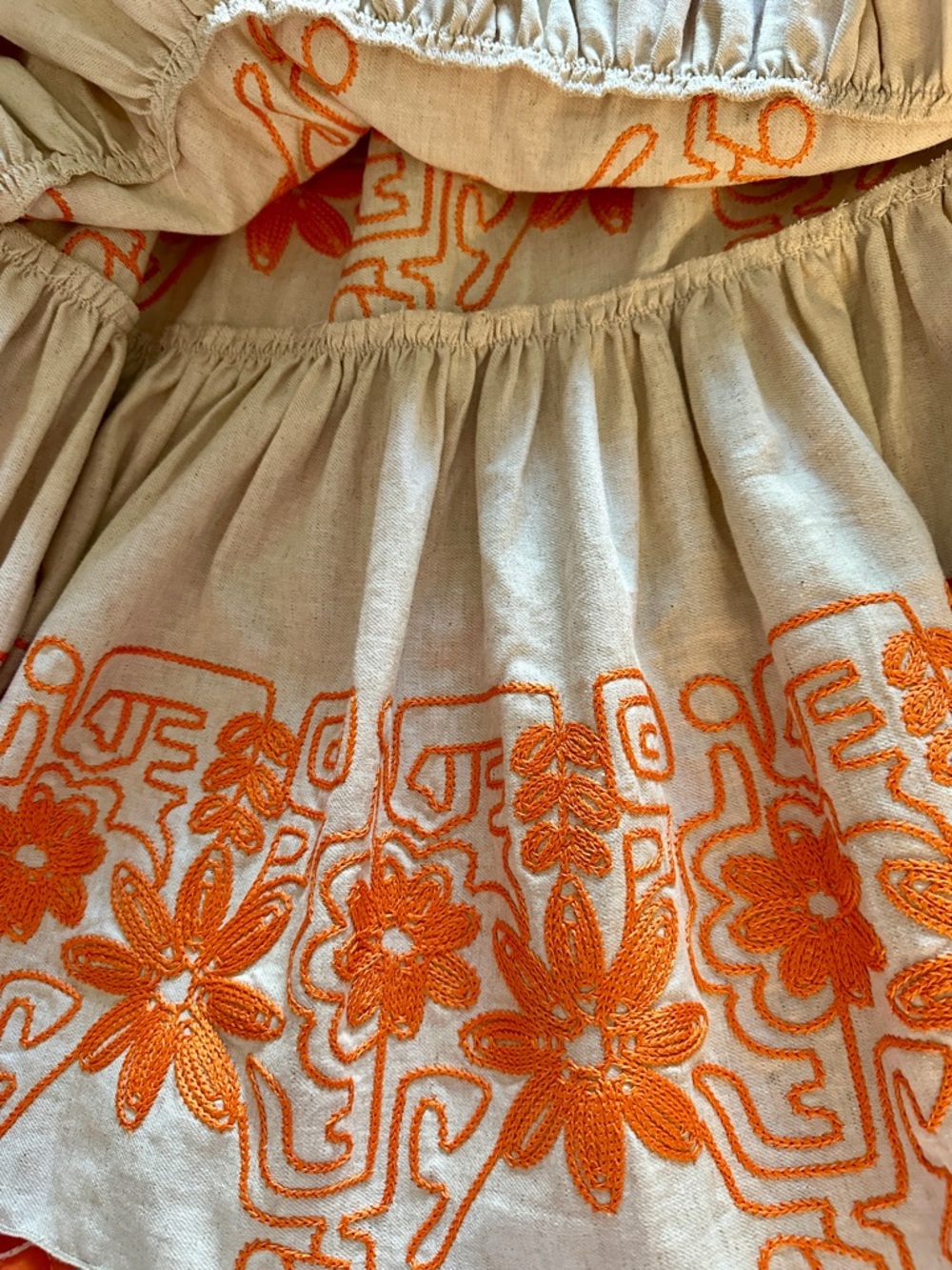 Designer Maje Tiered Cotton-Blend Maxi Skirt w/ Orange Floral Embroidery Sz 10 - Picture 5 of 7